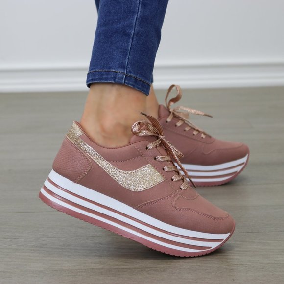 Glittery Pink & White Chunky Platform Sneakers - Picture 5 of 8